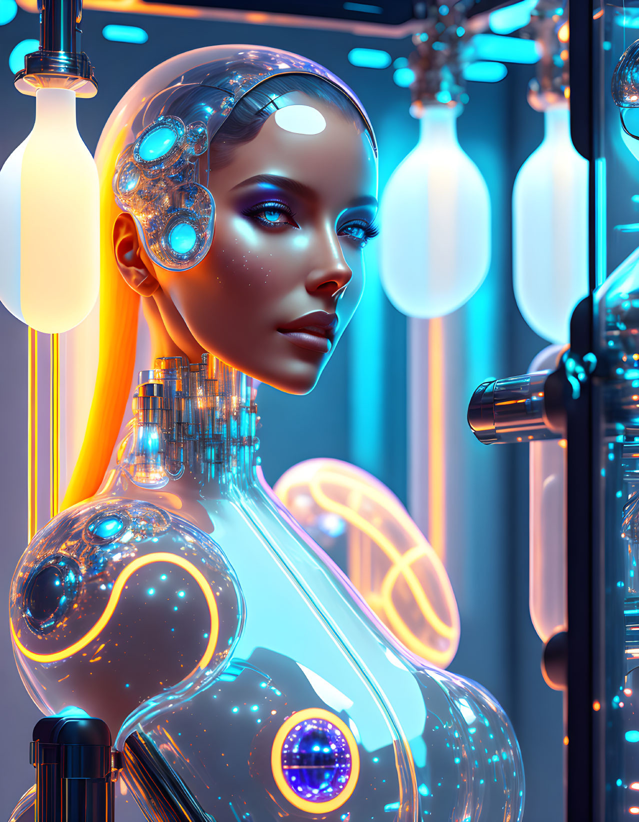 Transparent headpiece android surrounded by neon lights