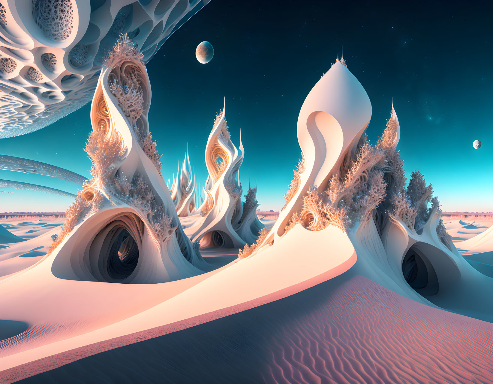 Surreal landscape with swirling sandy formations and two moons in pastel sky