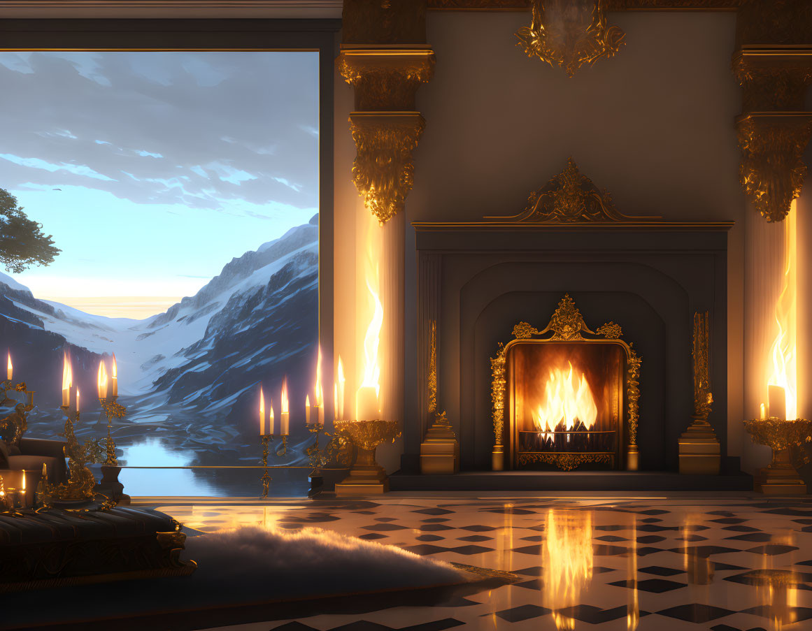 Luxurious Room with Fireplace, Chandeliers, and Mountain View at Sunset