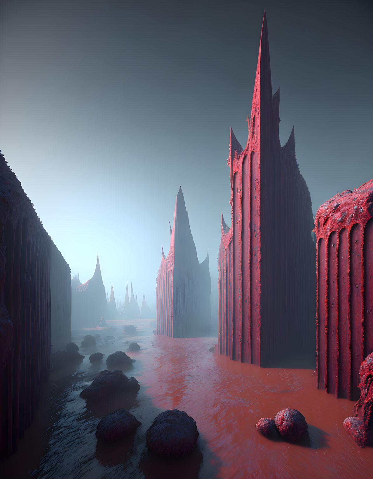 Alien landscape with towering red spires in shallow red sea