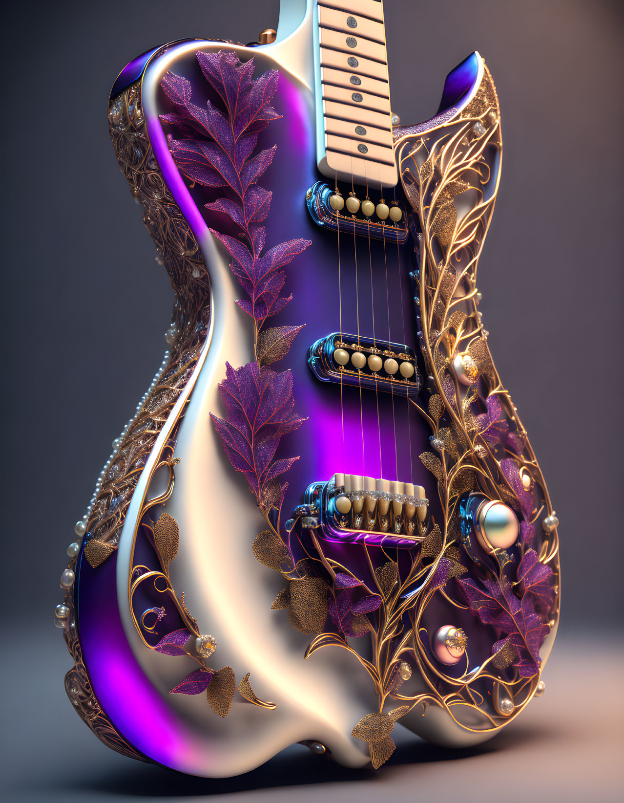 Detailed Purple Guitar with Gold Leaf Designs