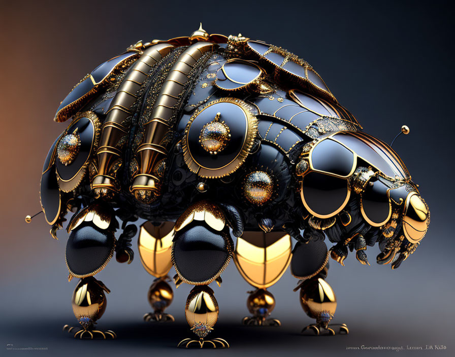 Futuristic 3D-rendered mechanical ladybug in black and gold design