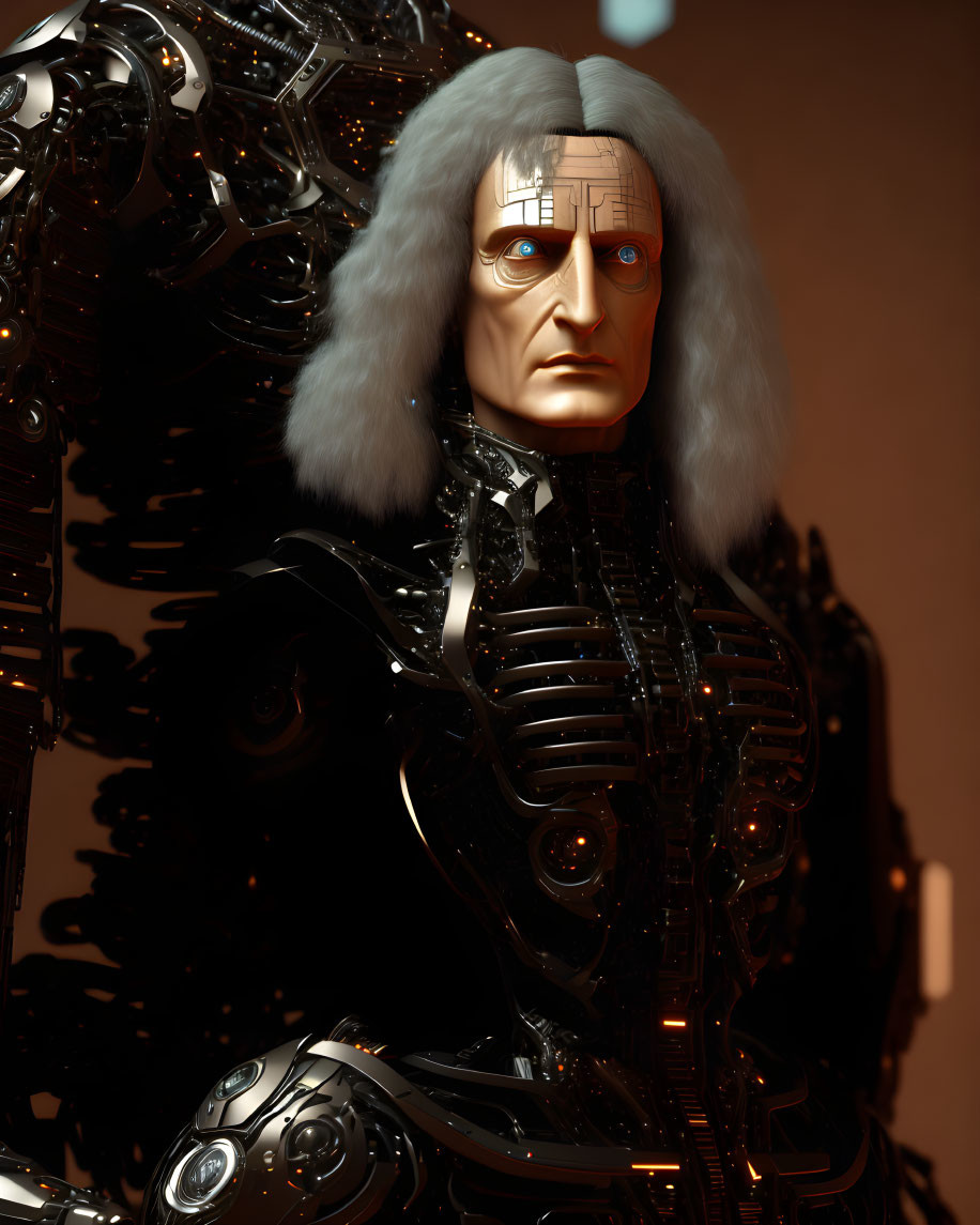 Intricate humanoid robot with dark mechanical parts and human-like face and gray hair