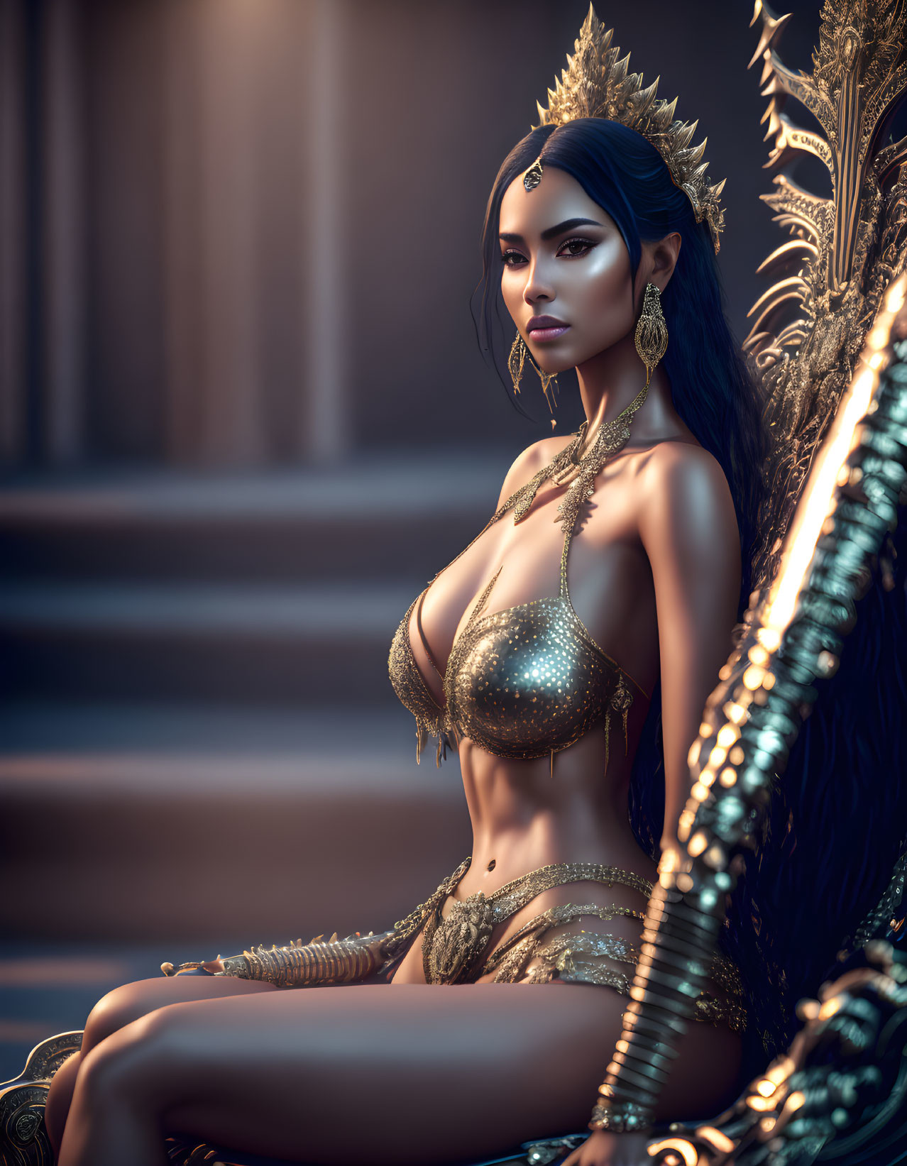 Dark-haired woman on throne in golden crown and exotic attire exudes power