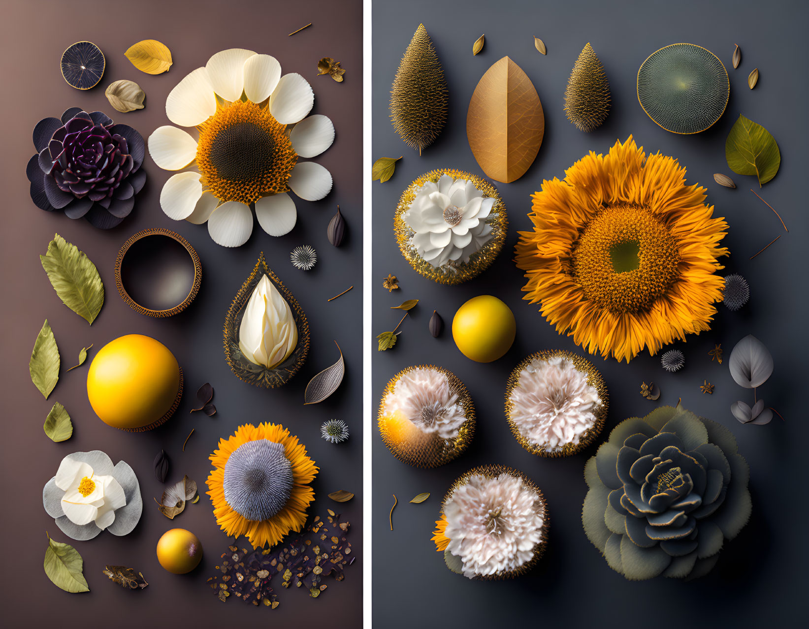 Colorful Flowers, Fruits, Leaves, and Seeds on Dark Background