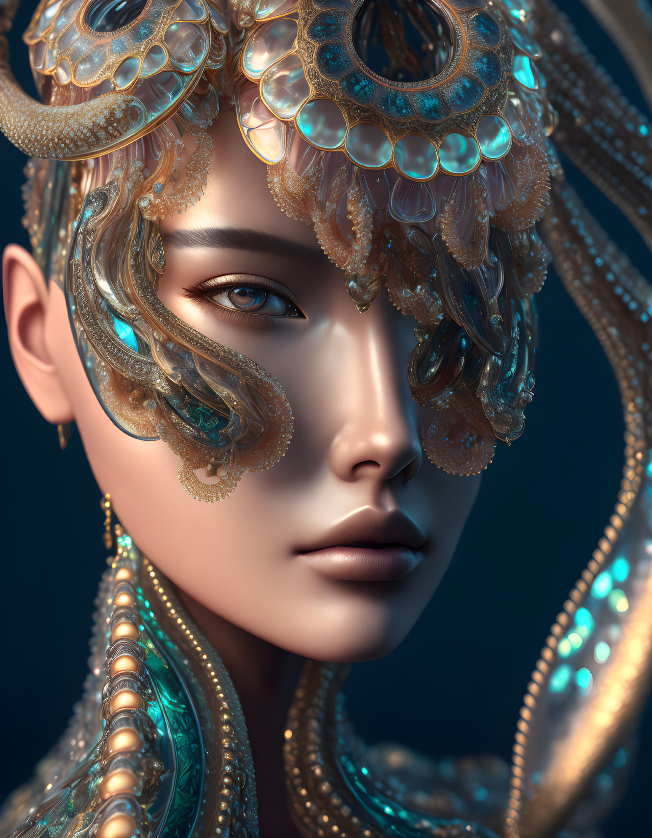 Stylized digital portrait with ornate headgear and jewelry on blue background