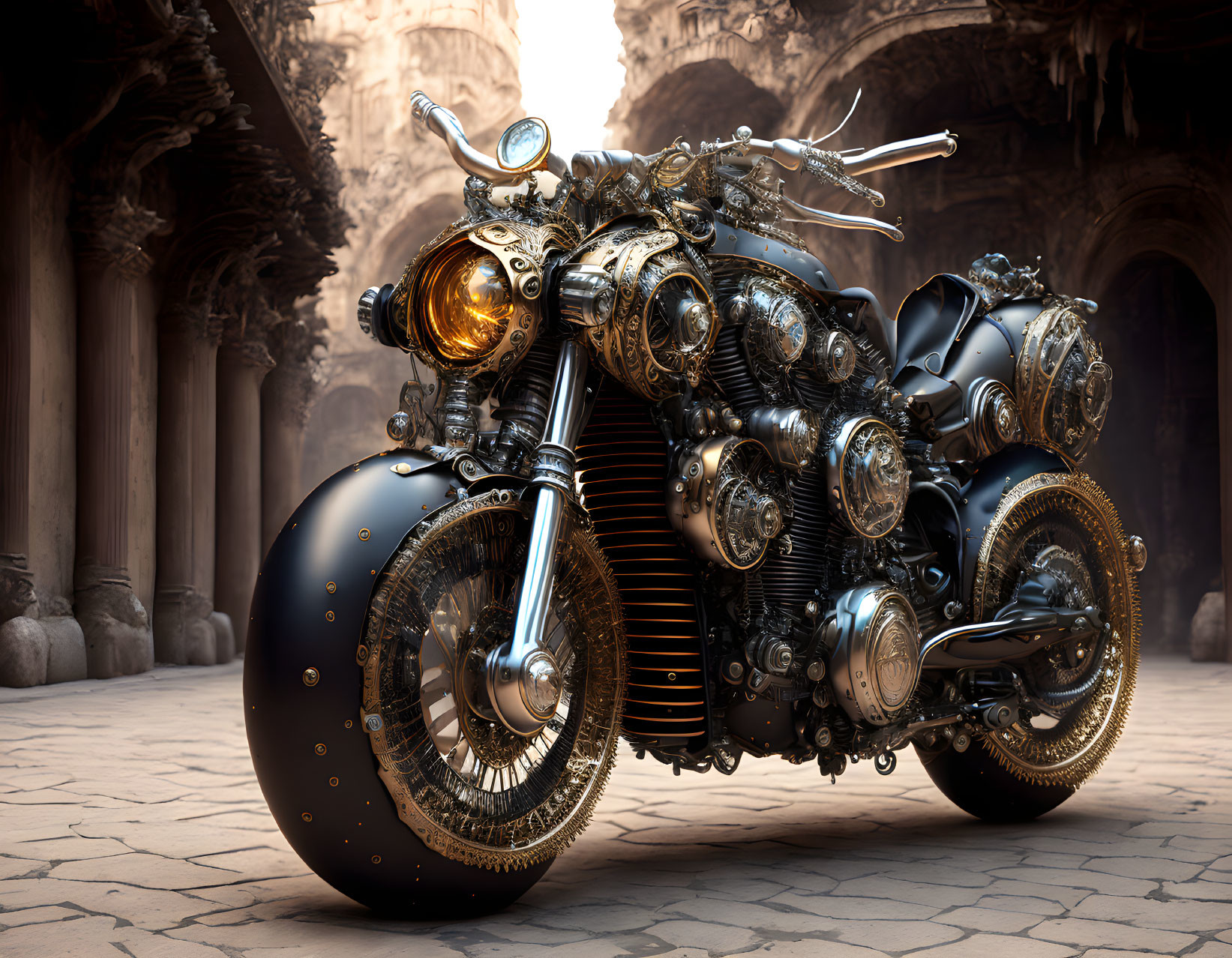 Detailed Steampunk-Inspired Motorcycle in Ancient Courtyard