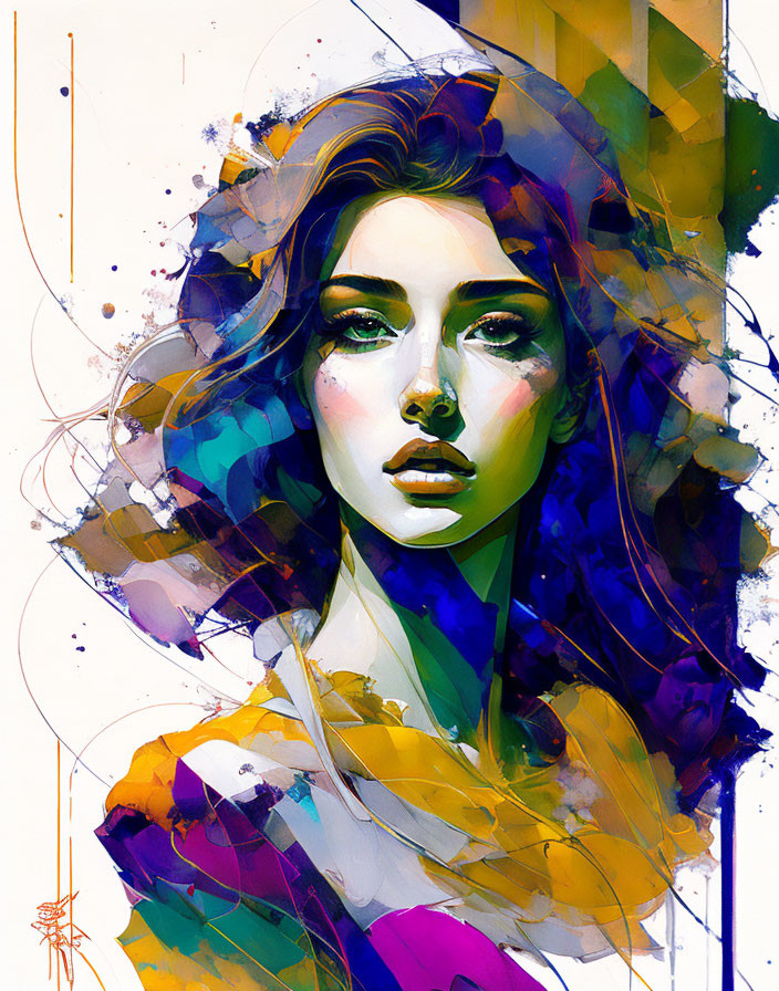 Colorful Stylized Portrait with Flowing Hair and Abstract Paint Splashes