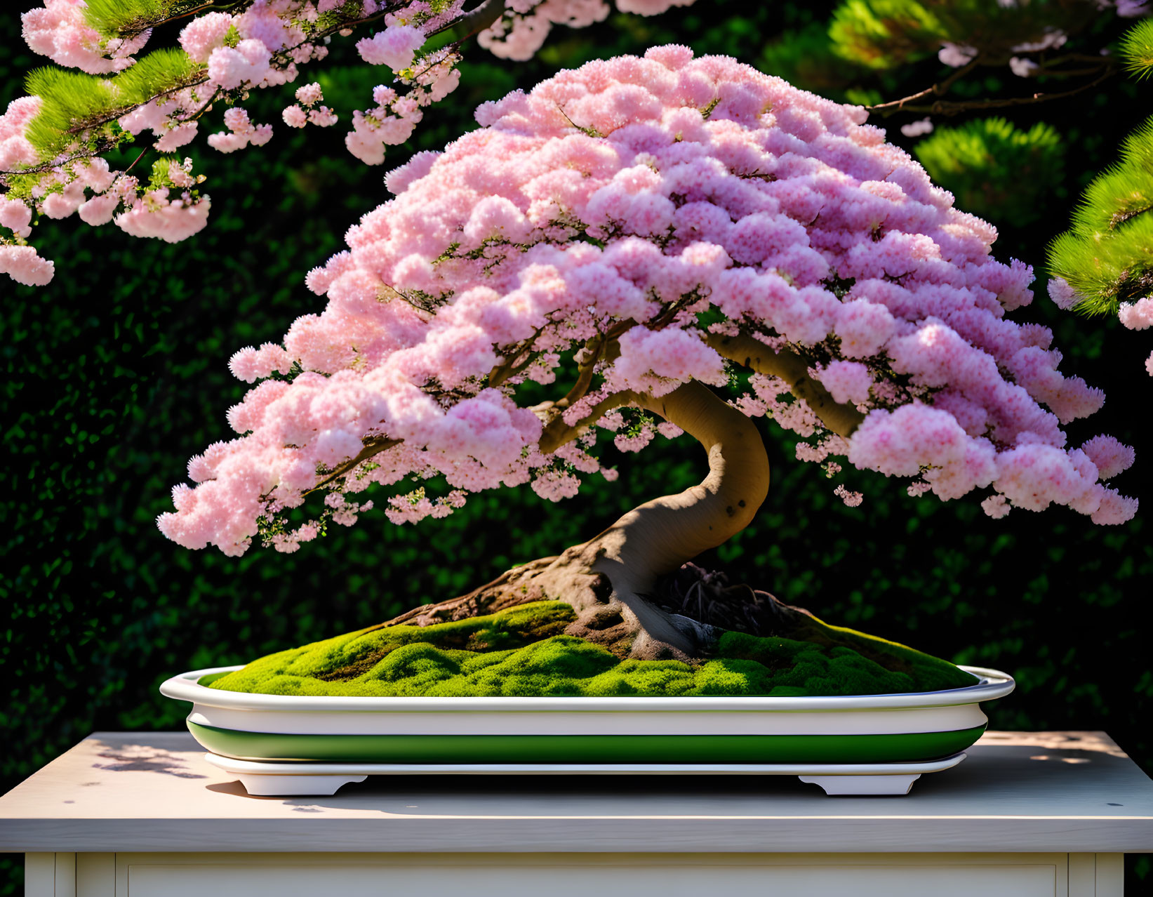 Vibrant pink blossoms on green bonsai tree against white stand