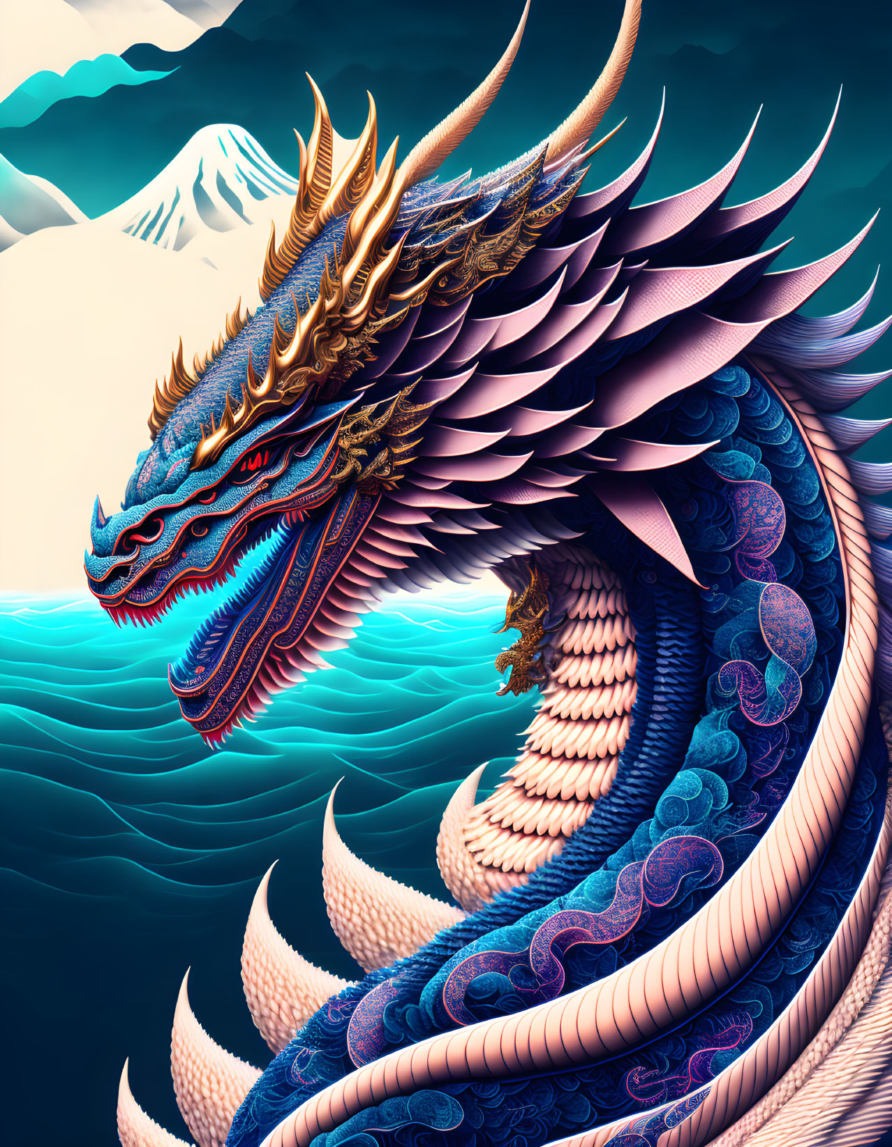 Majestic dragon illustration with intricate scales and horns