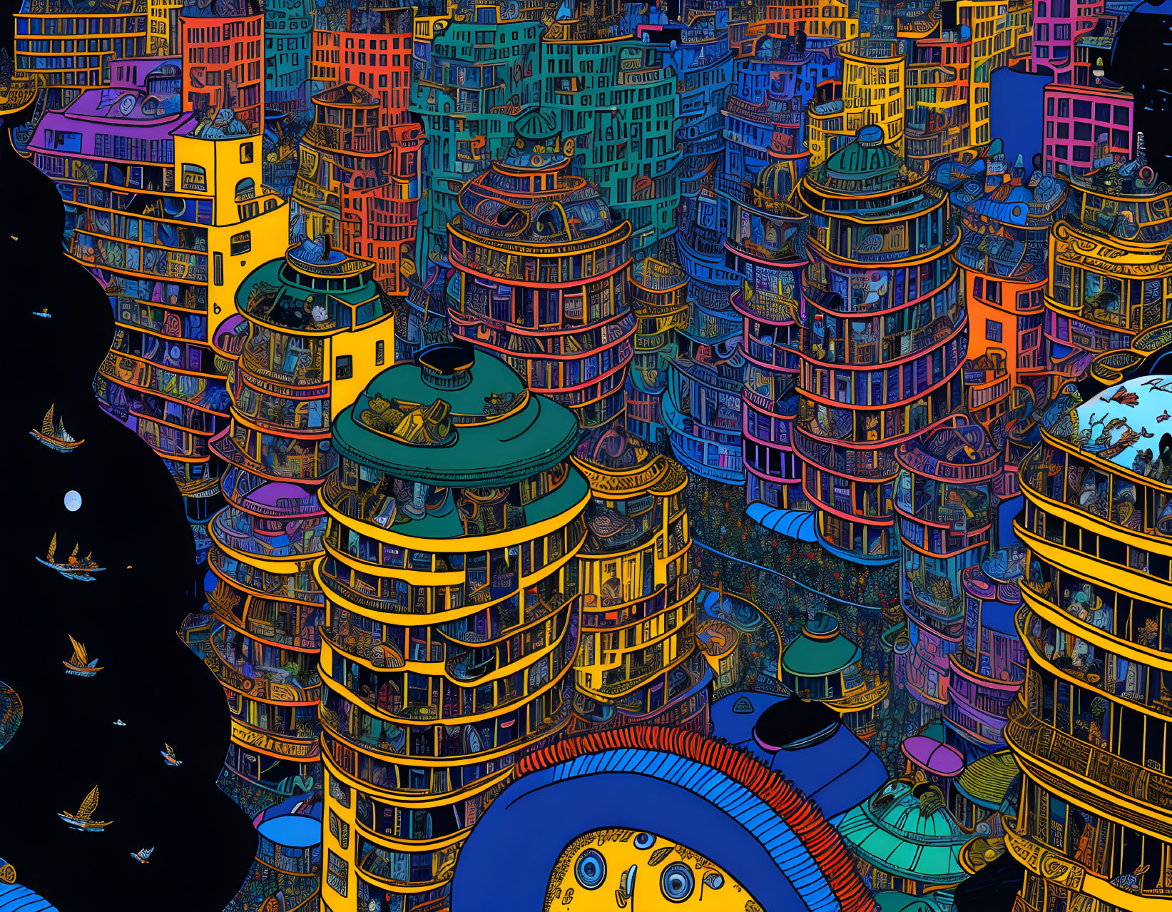 Vibrant futuristic cityscape illustration with cylindrical buildings at night