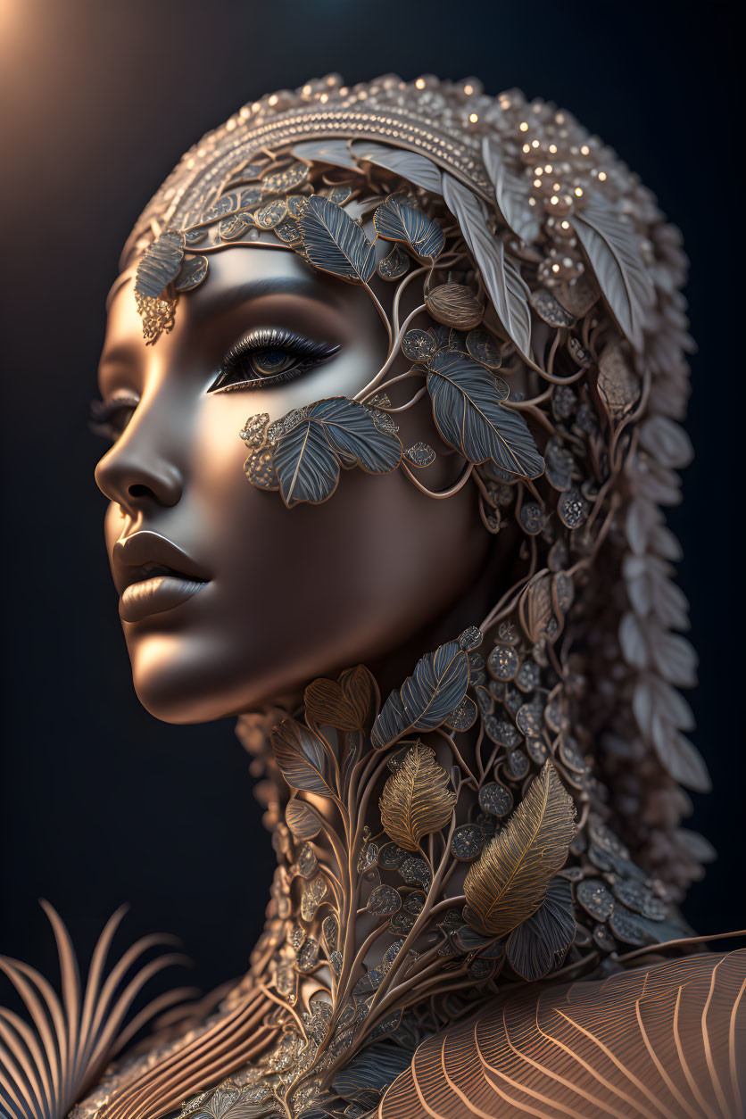 Intricate metallic woman with nature-inspired headpiece and neckpiece