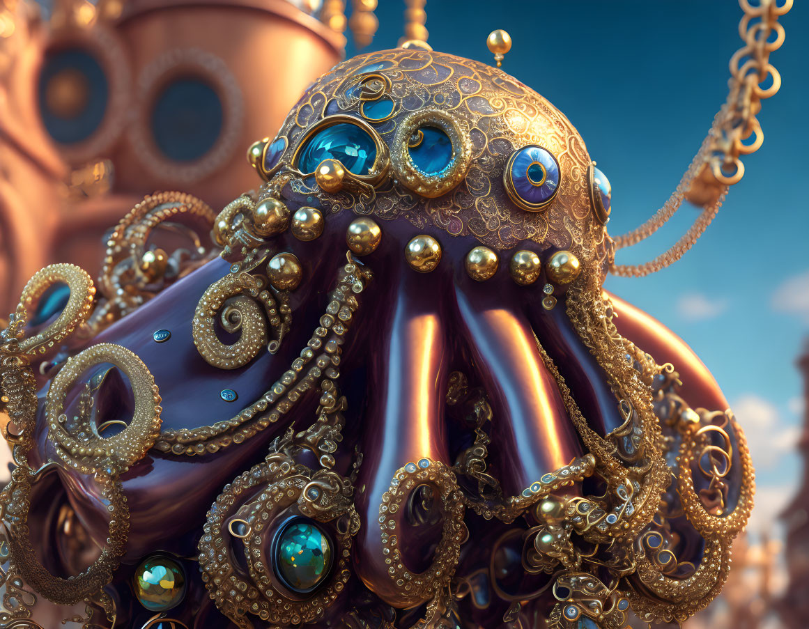 Steampunk octopus with golden gears, blue gemstones, and spiral patterns