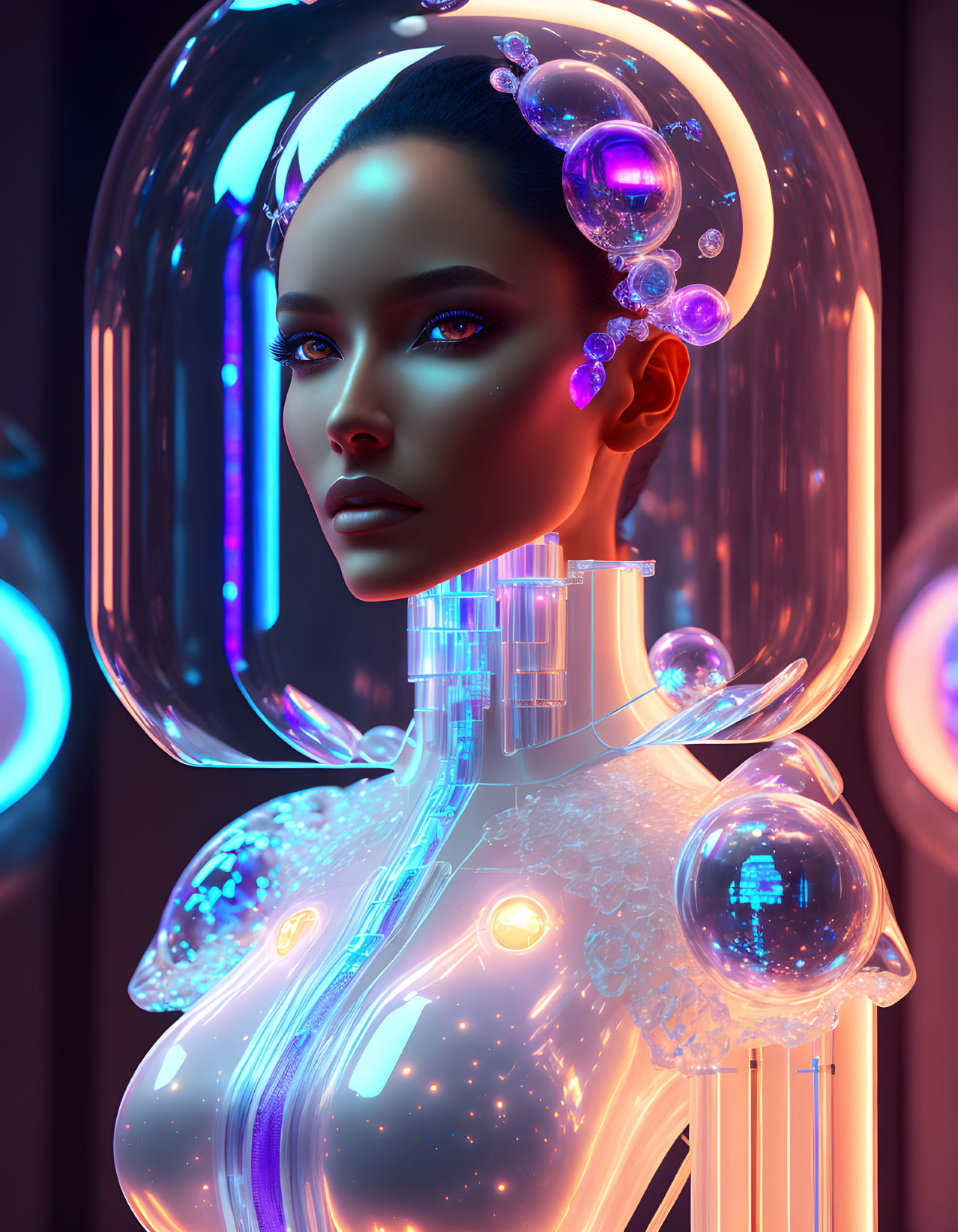 Futuristic cybernetic woman with glowing orbs and geometric shapes