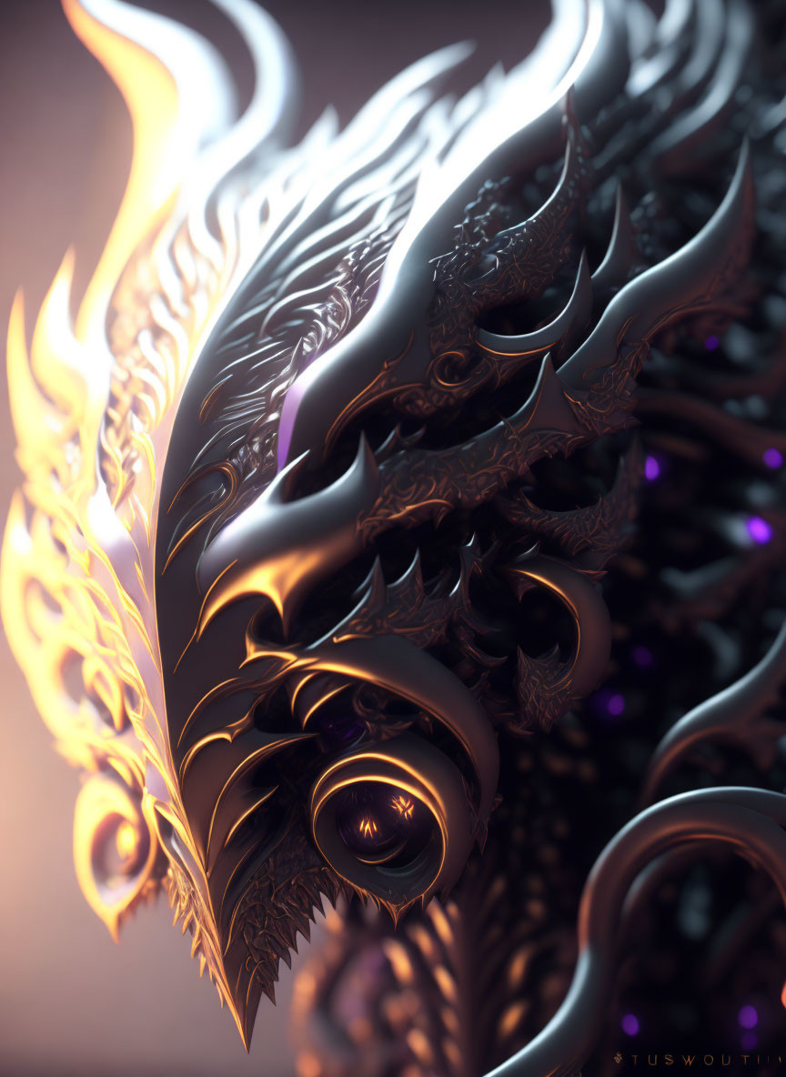 Detailed Metallic Dragon Sculpture with Swirling Designs in Golden Light