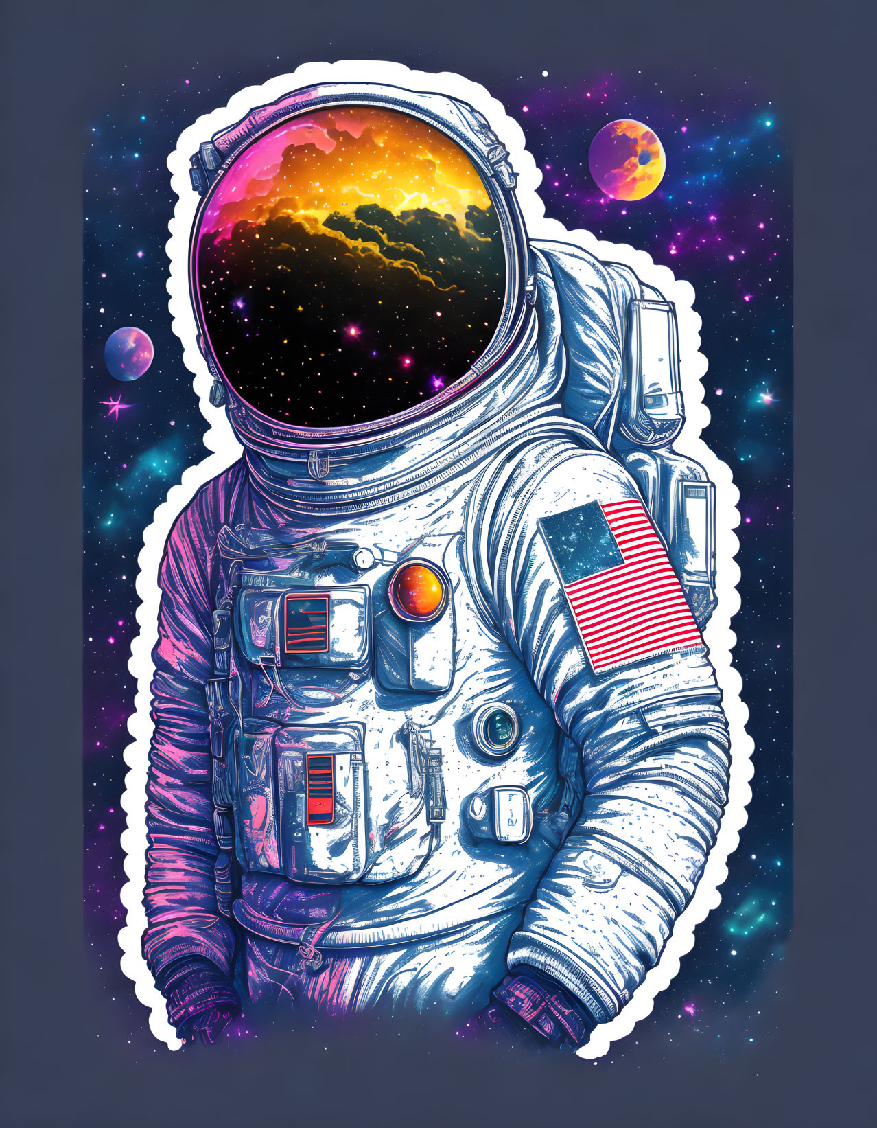 Astronaut with reflective visor in vibrant cosmic scene