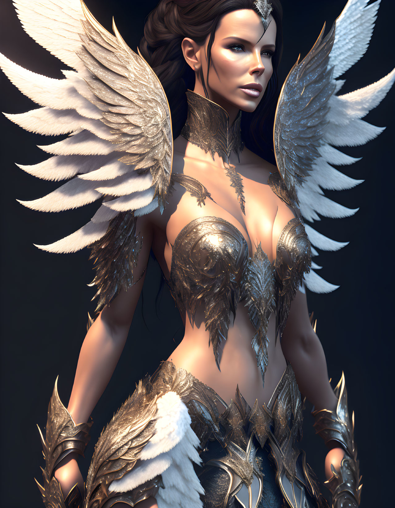 Digital artwork featuring female figure in ornate golden armor with angelic wings against dark background