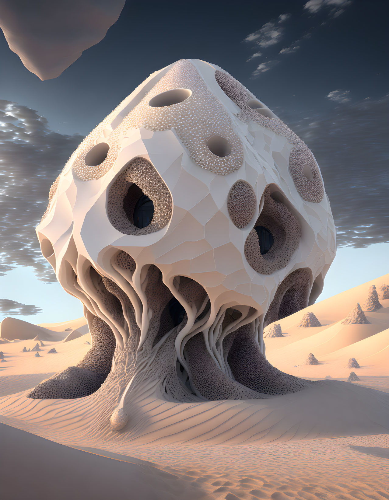 Surreal organic structure resembling porous mushroom rising from sandy dunes