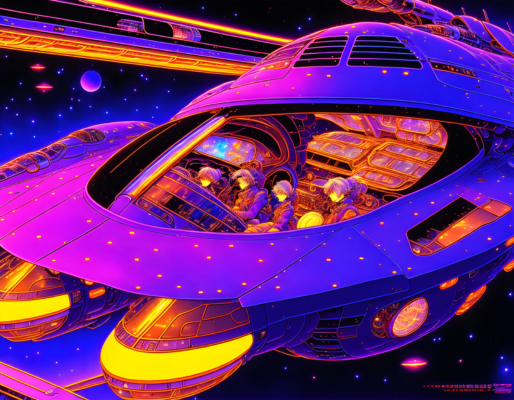 Futuristic spaceship and diverse characters in neon-lit cosmos