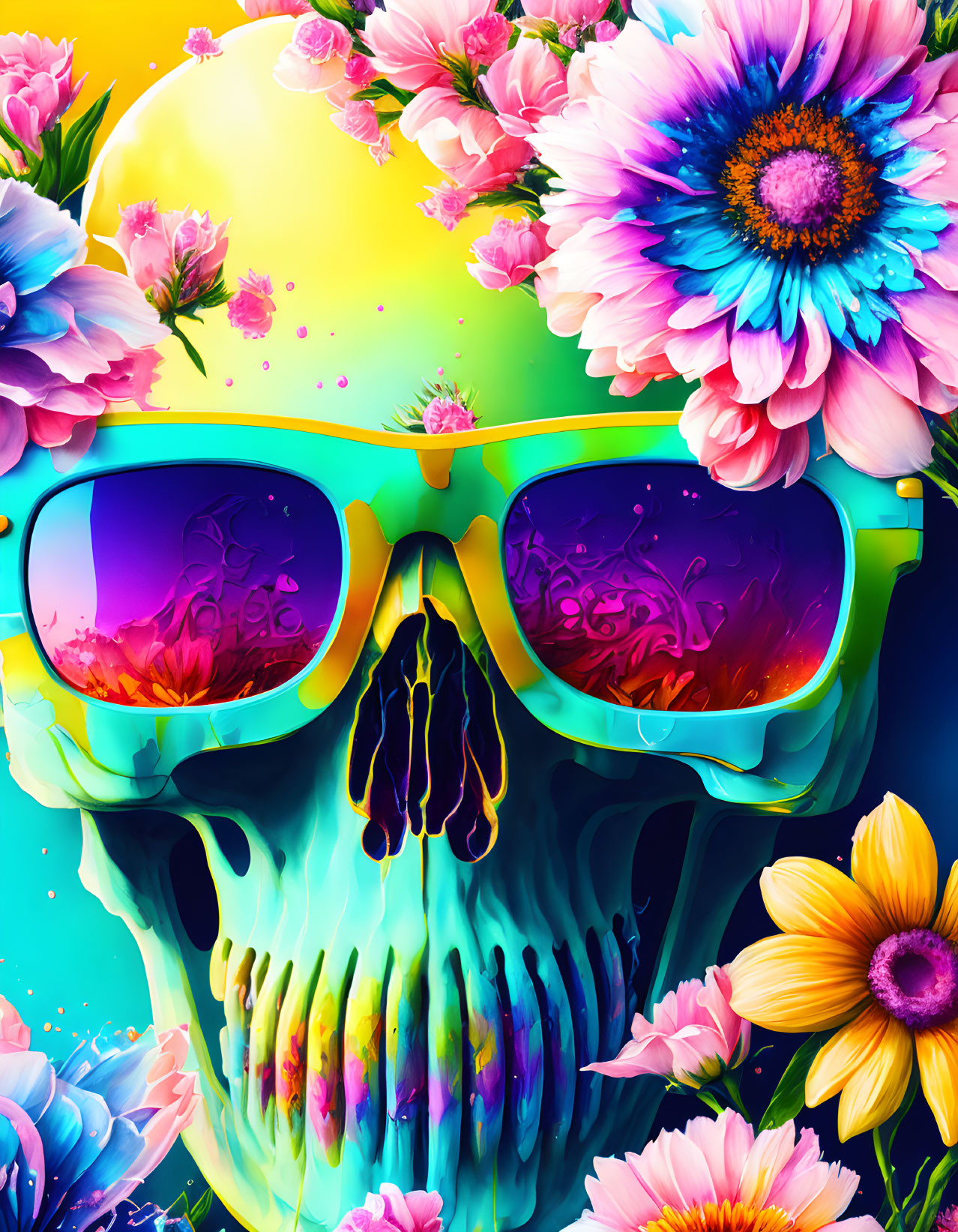 Colorful Skull with Sunglasses Surrounded by Flowers