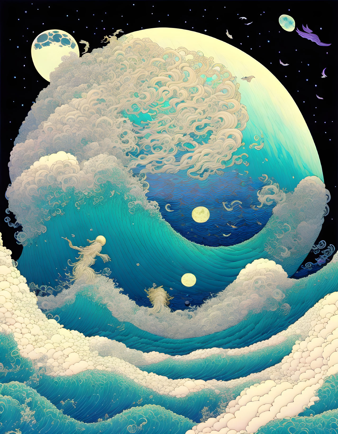 Waves at night big moon