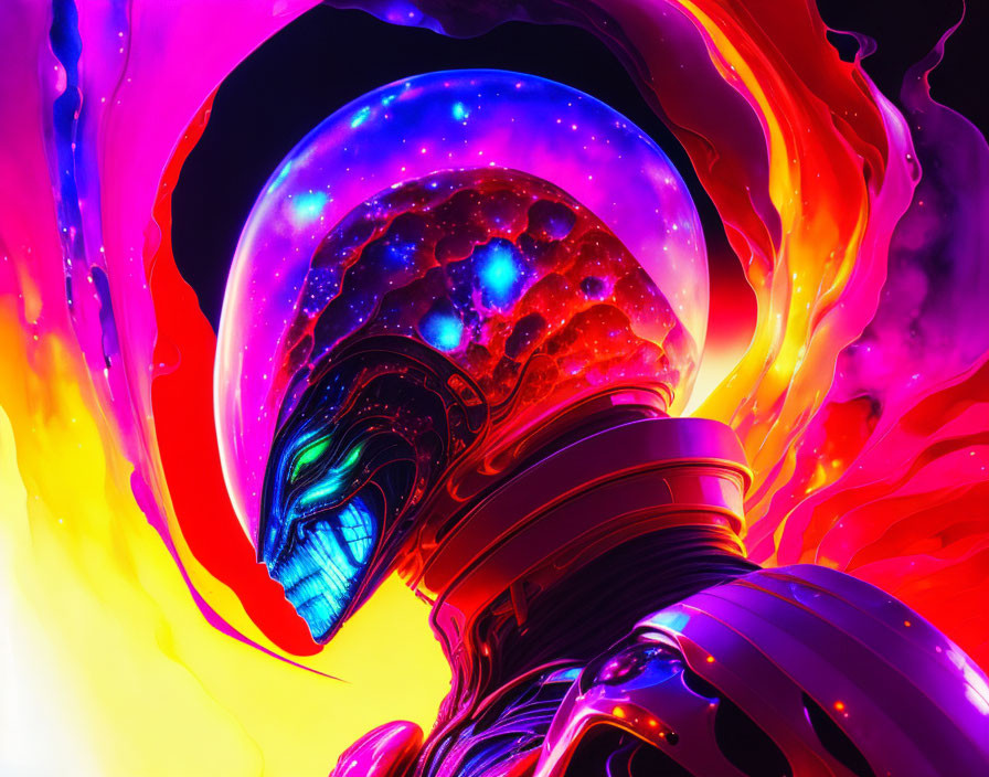 Digital art: Cosmic entity in futuristic armor with nebula head on neon backdrop