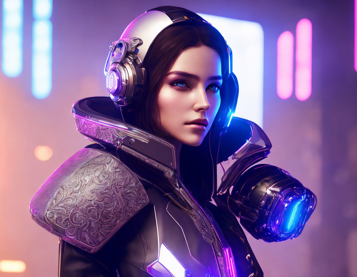 Futuristic woman in high-tech armor in neon-lit setting