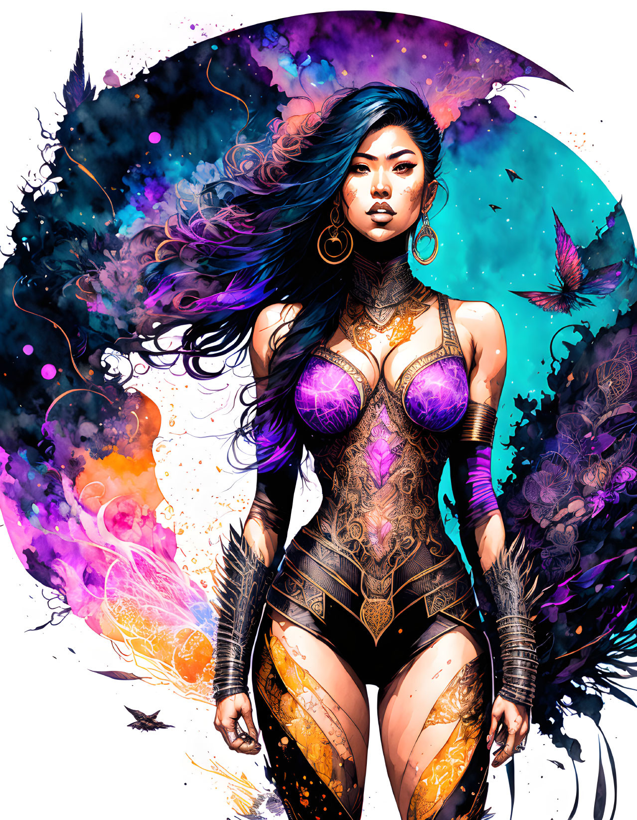 Colorful illustration of woman with flowing hair in cosmic theme