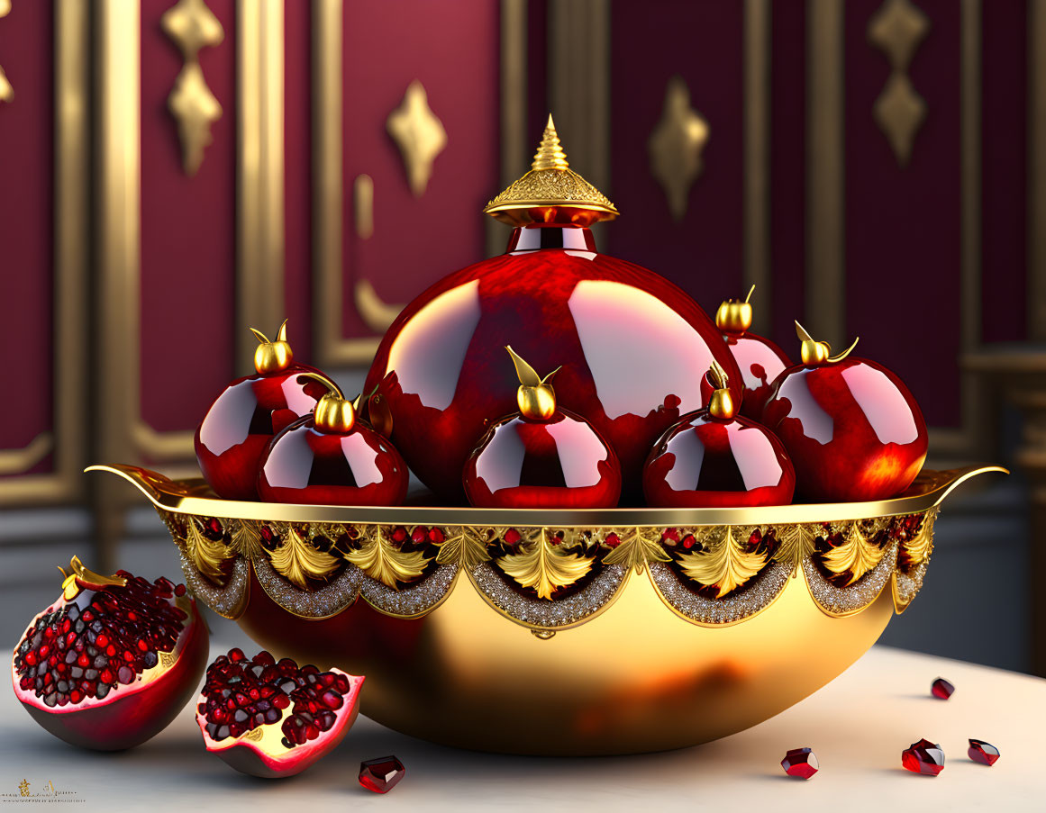 Golden bowl with ornate design filled with shiny red pomegranates and gold crowns on purple