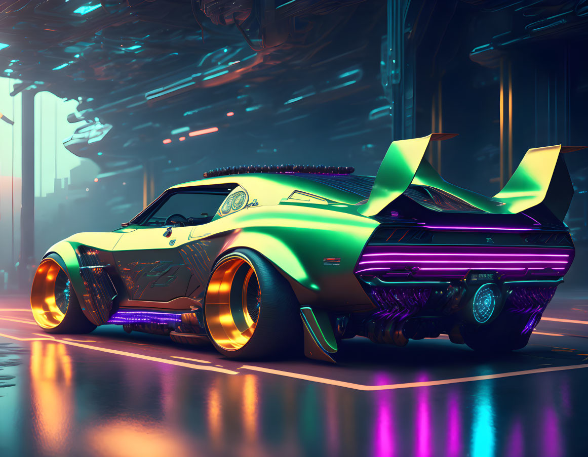 Futuristic green muscle car with aerodynamic wings in neon-lit garage