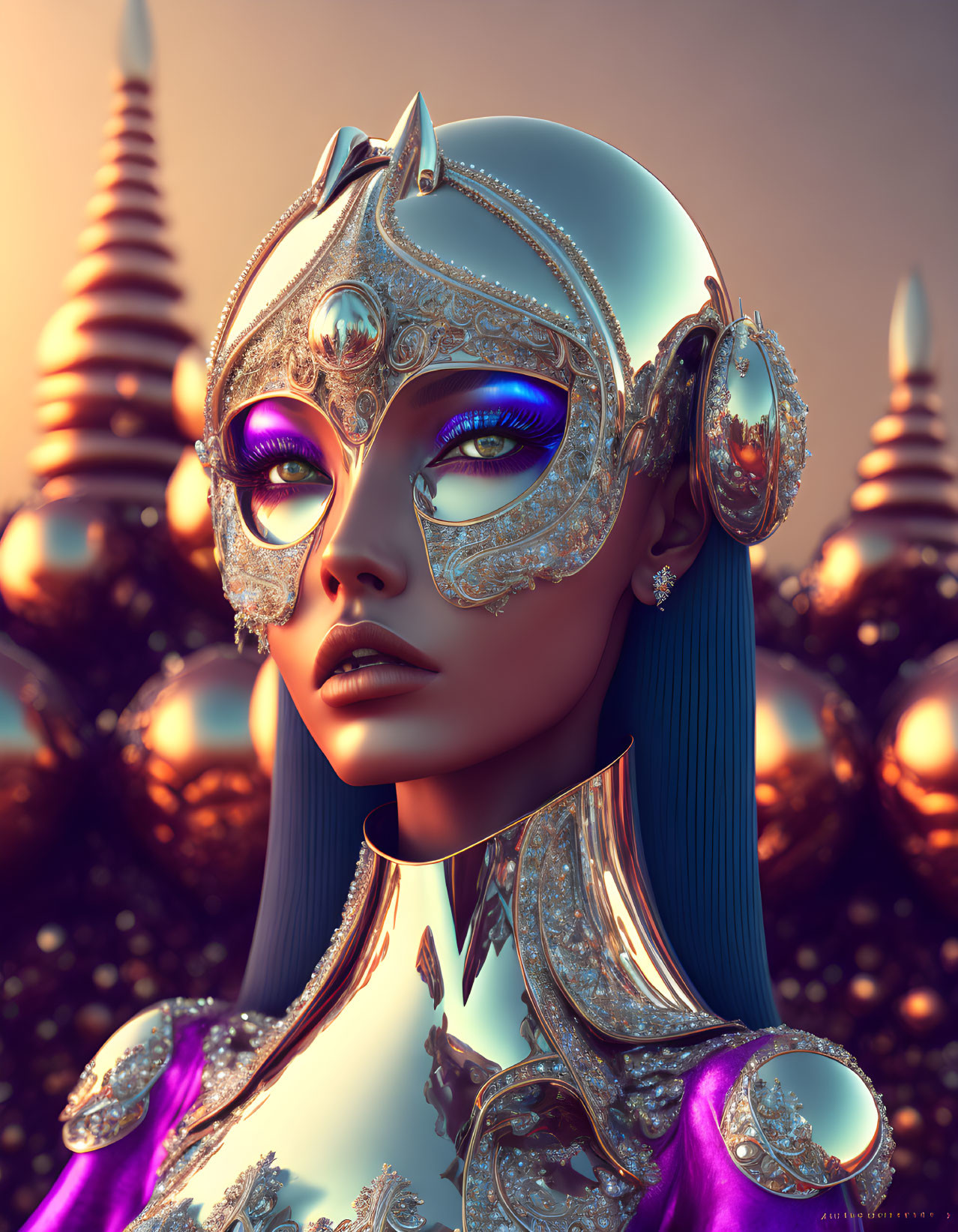 Futuristic female figure in stylized armor with mask in 3D illustration