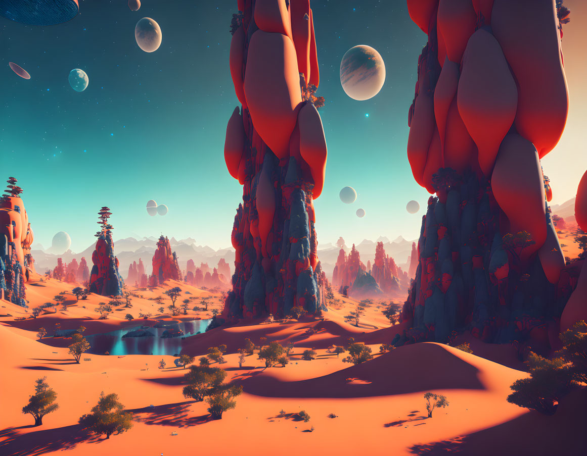 Surreal alien landscape with towering rock formations and multiple moons.