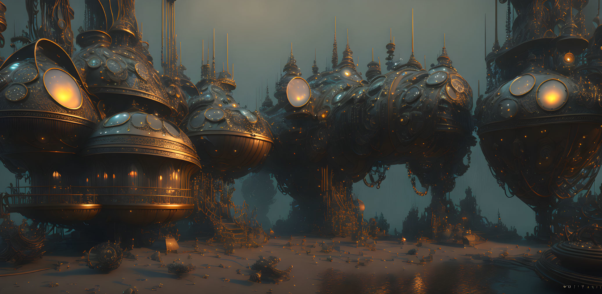 Futuristic landscape with spherical structures and glowing lights at dusk