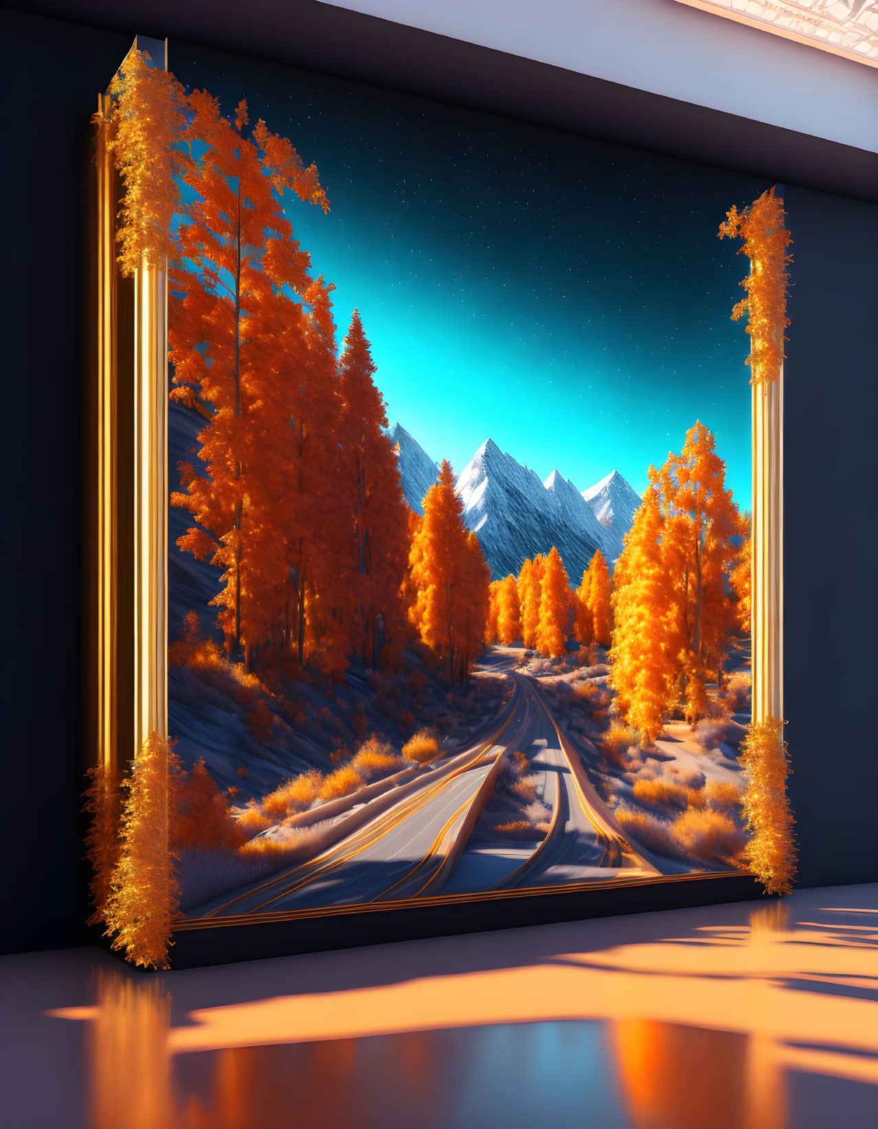 3D autumn landscape with winding road, orange trees, mountains, and starry sky