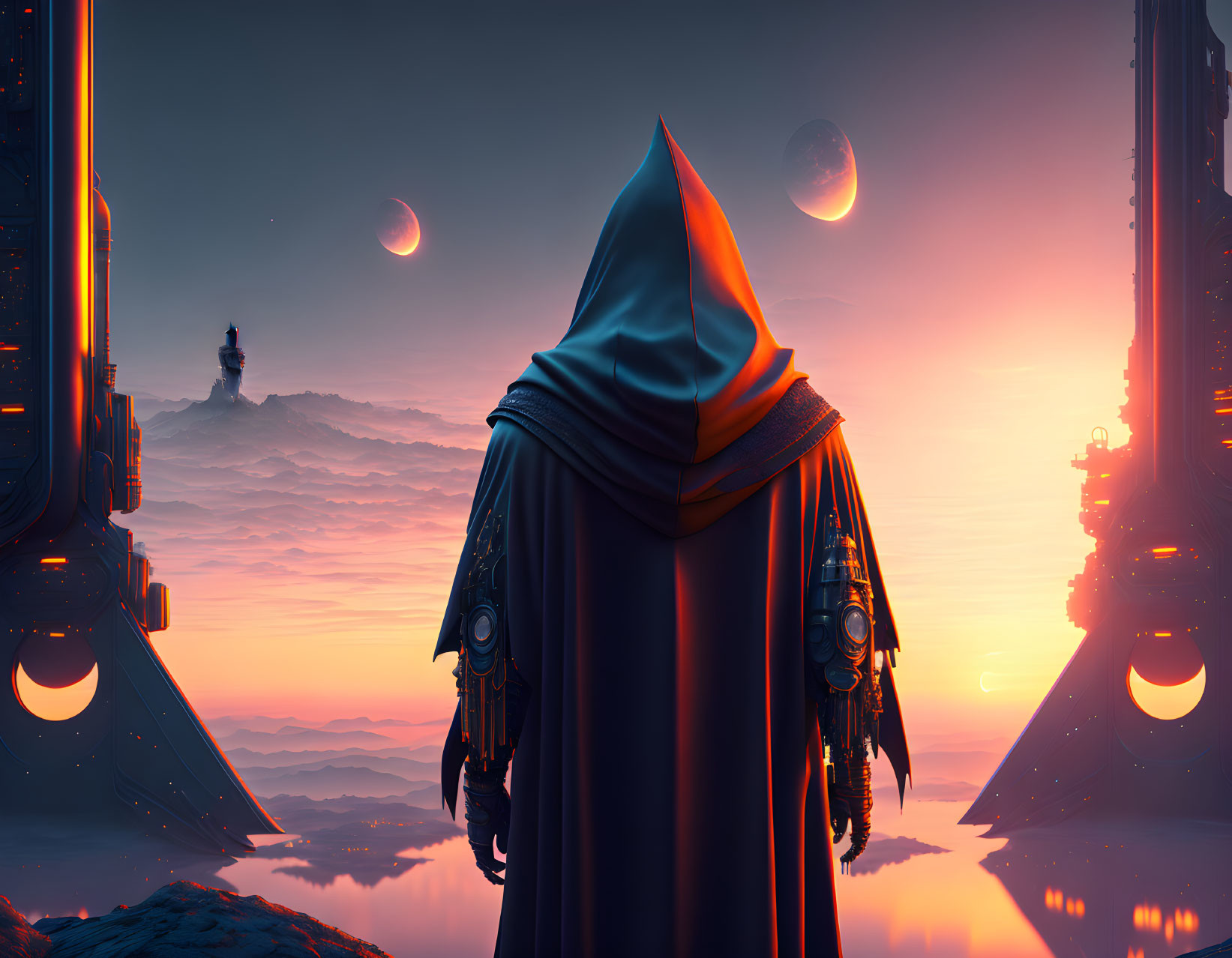 Cloaked figure in futuristic setting gazes at twilight sky