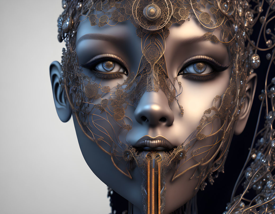 Detailed 3D rendering of humanoid face with metallic lace filigree and jewels