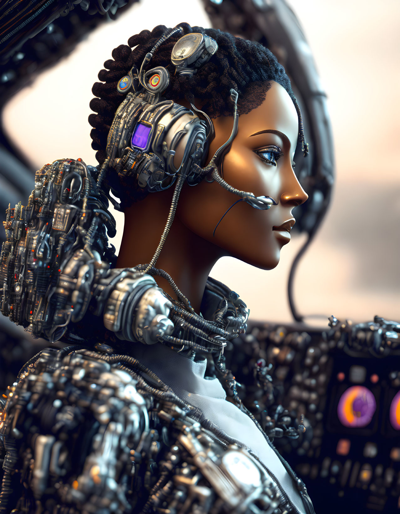 Detailed 3D illustration of female cyborg with integrated mechanical parts