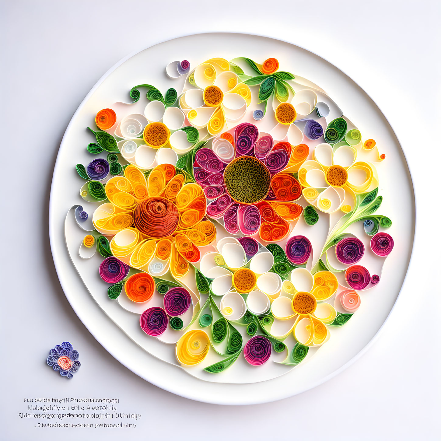 Colorful Quilling Paper Art Piece: Intricate Floral Patterns on White Background