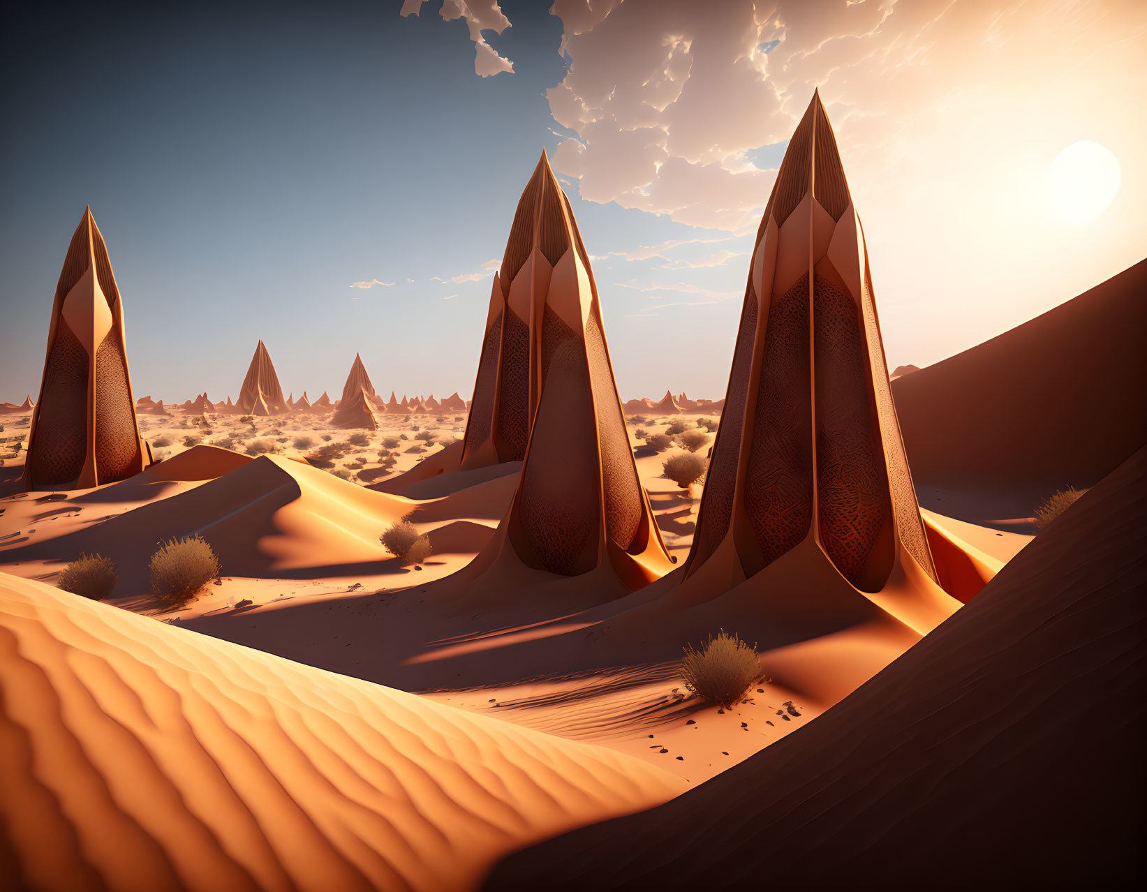 Digital Art Landscape: Pointed Structures in Desert Sunset