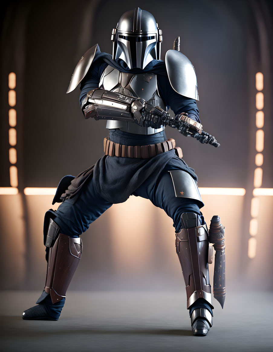 Futuristic armored character with helmet and cape in defensive stance with blasters against illuminated backdrop