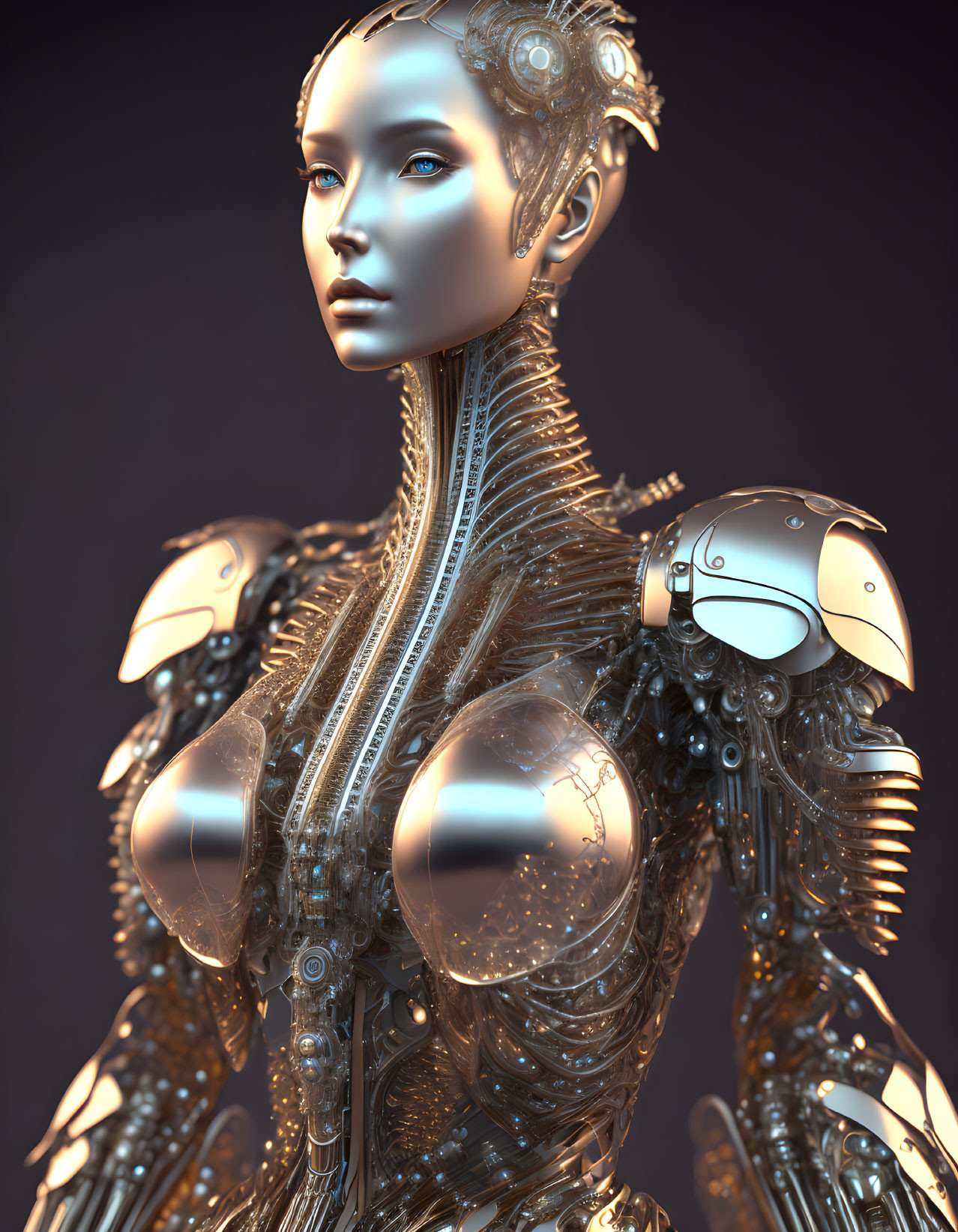 Detailed 3D rendering of female android with metallic designs and blue eyes on purple background