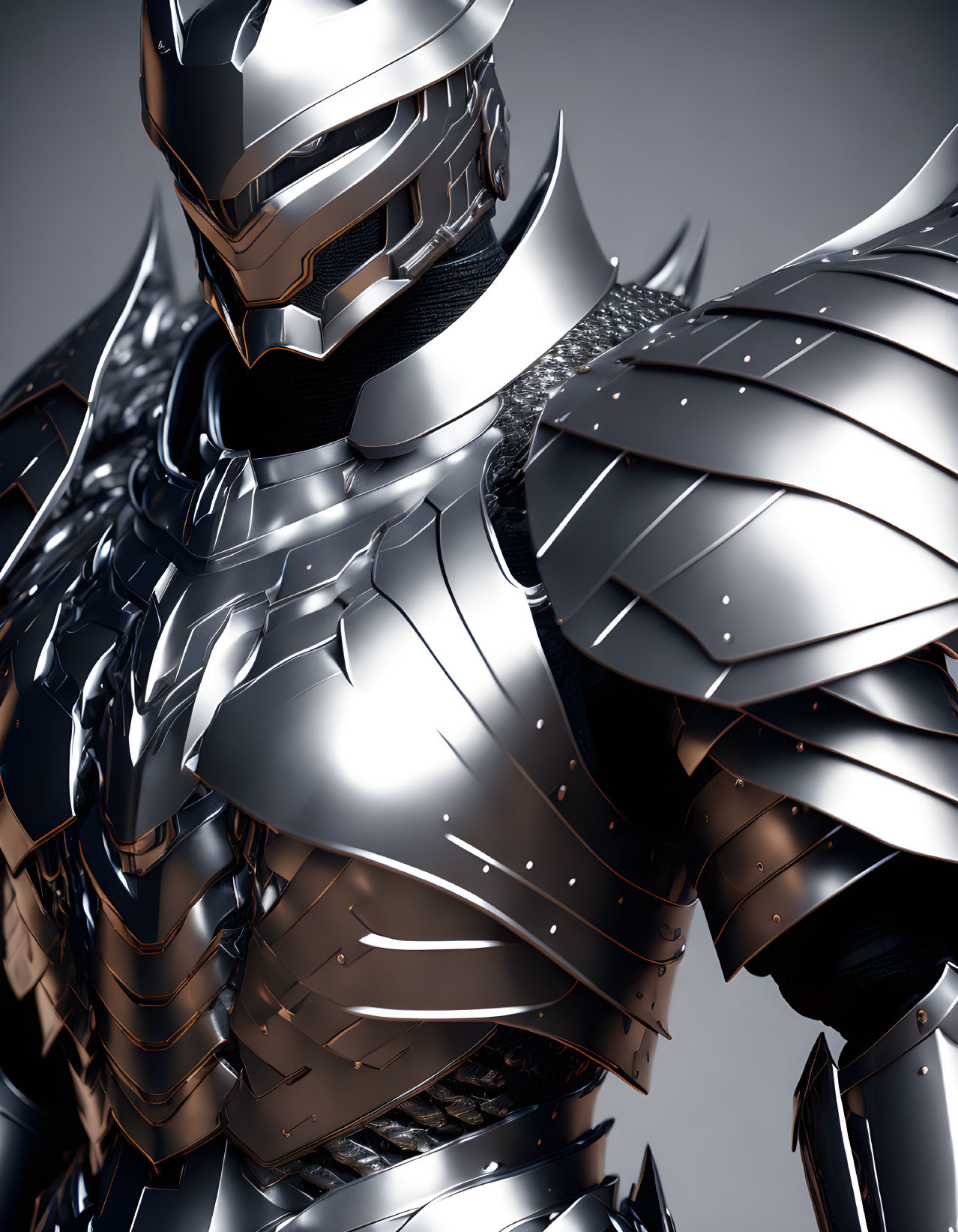 Detailed 3D rendering of futuristic knight armor with metallic plates and tech elements