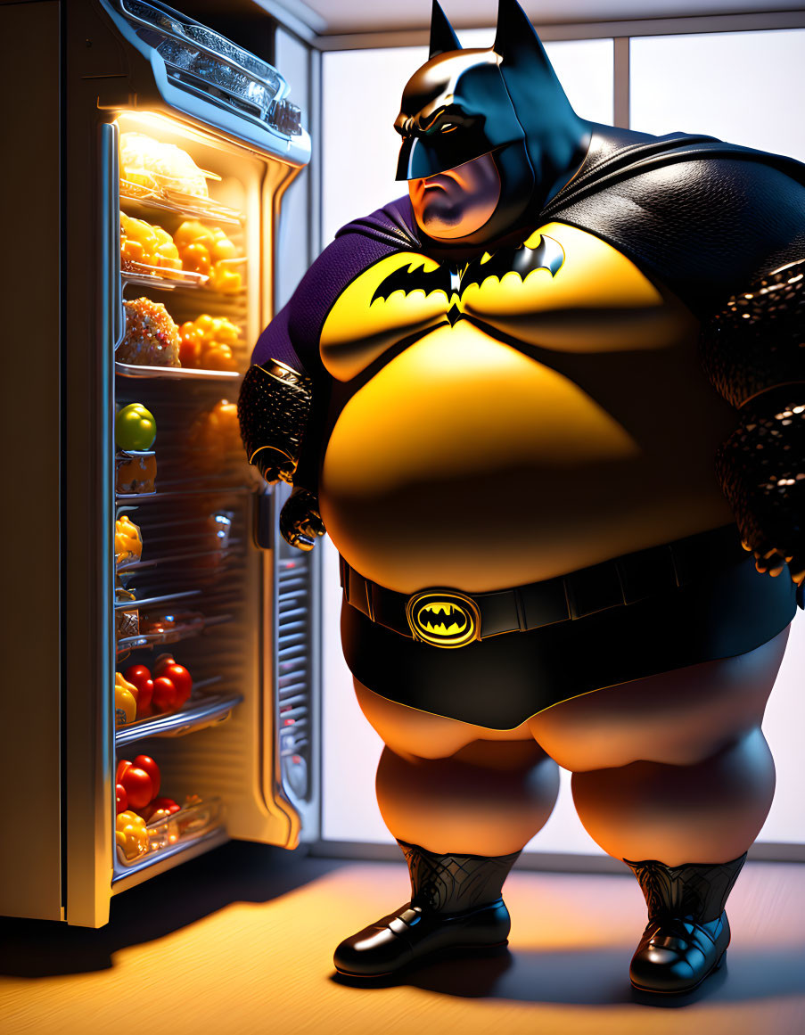 Overweight Batman animated character by open fridge full of food