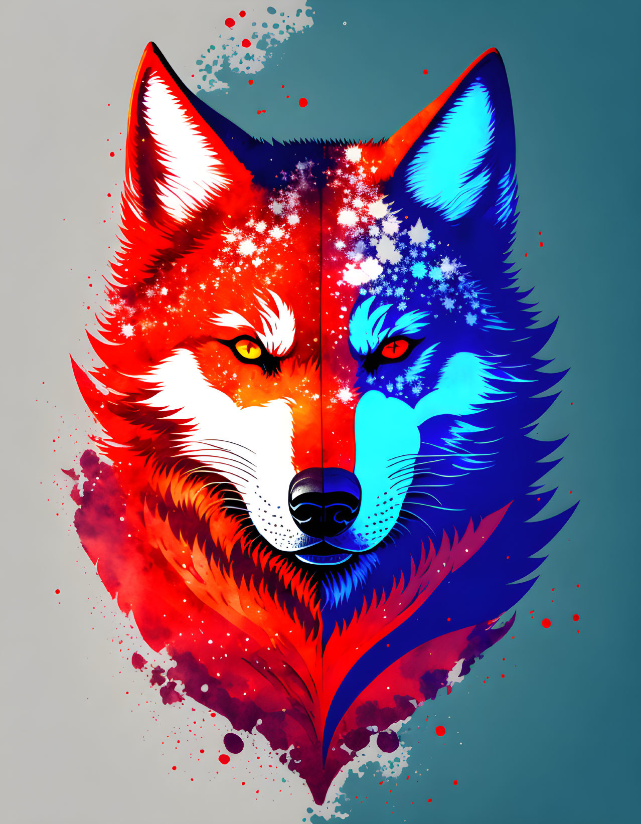 Split-colored fox face digital art with red and blue hues on gray backdrop