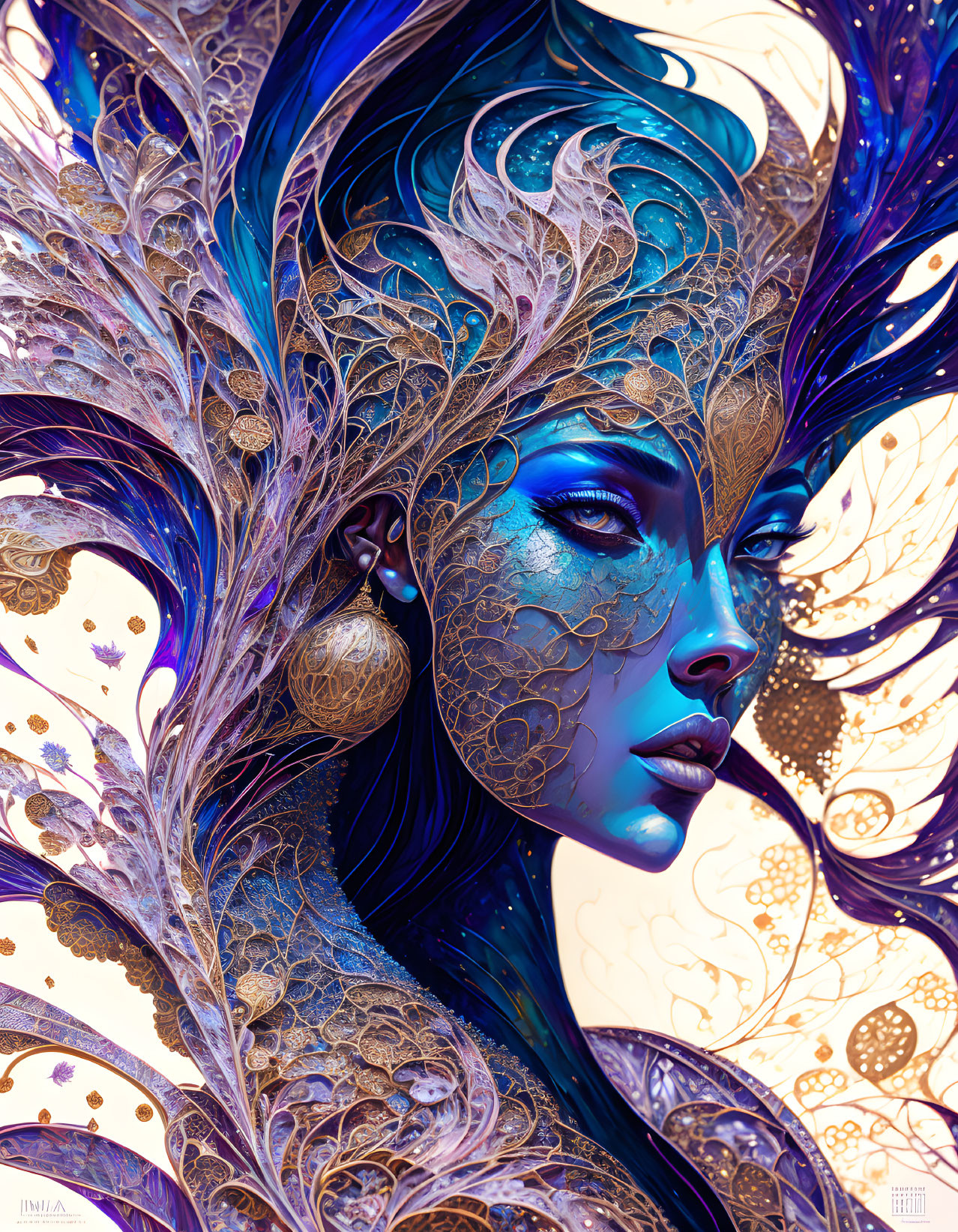 Fantastical blue-skinned woman with gold and purple filigree details