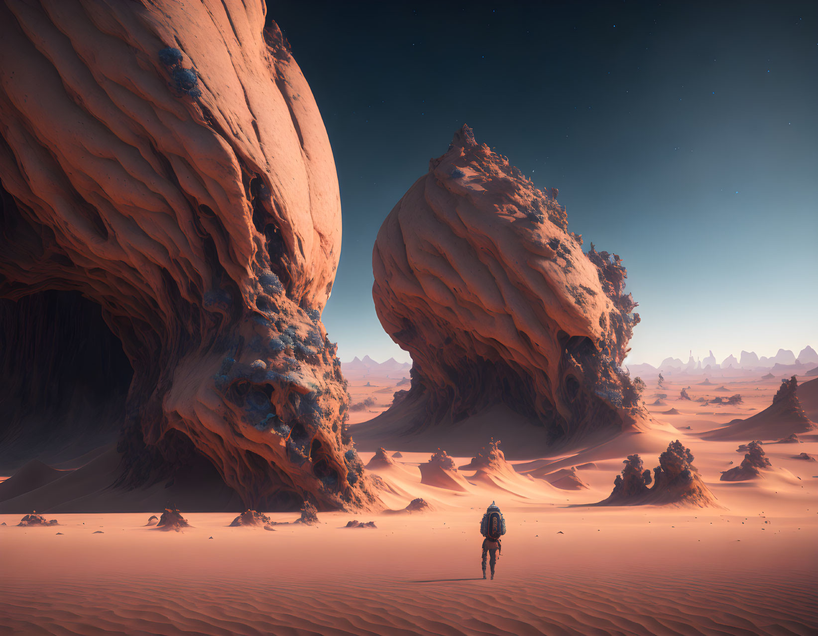 Astronaut explores alien desert with towering rock formations