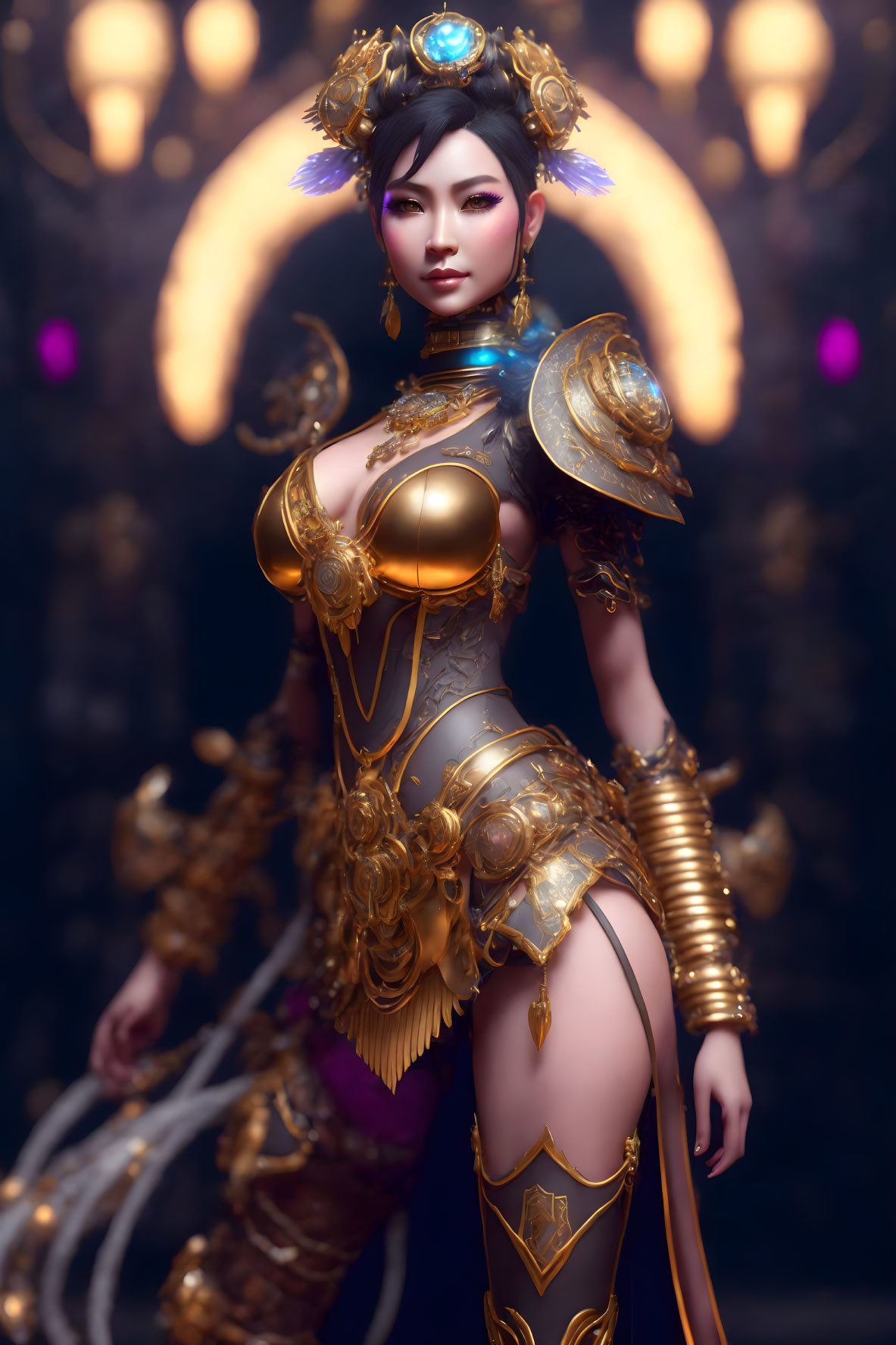 Luxurious golden fantasy armor with glowing blue gem on woman in digital art