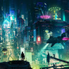 Futuristic neon-lit cityscape with towering skyscrapers at night