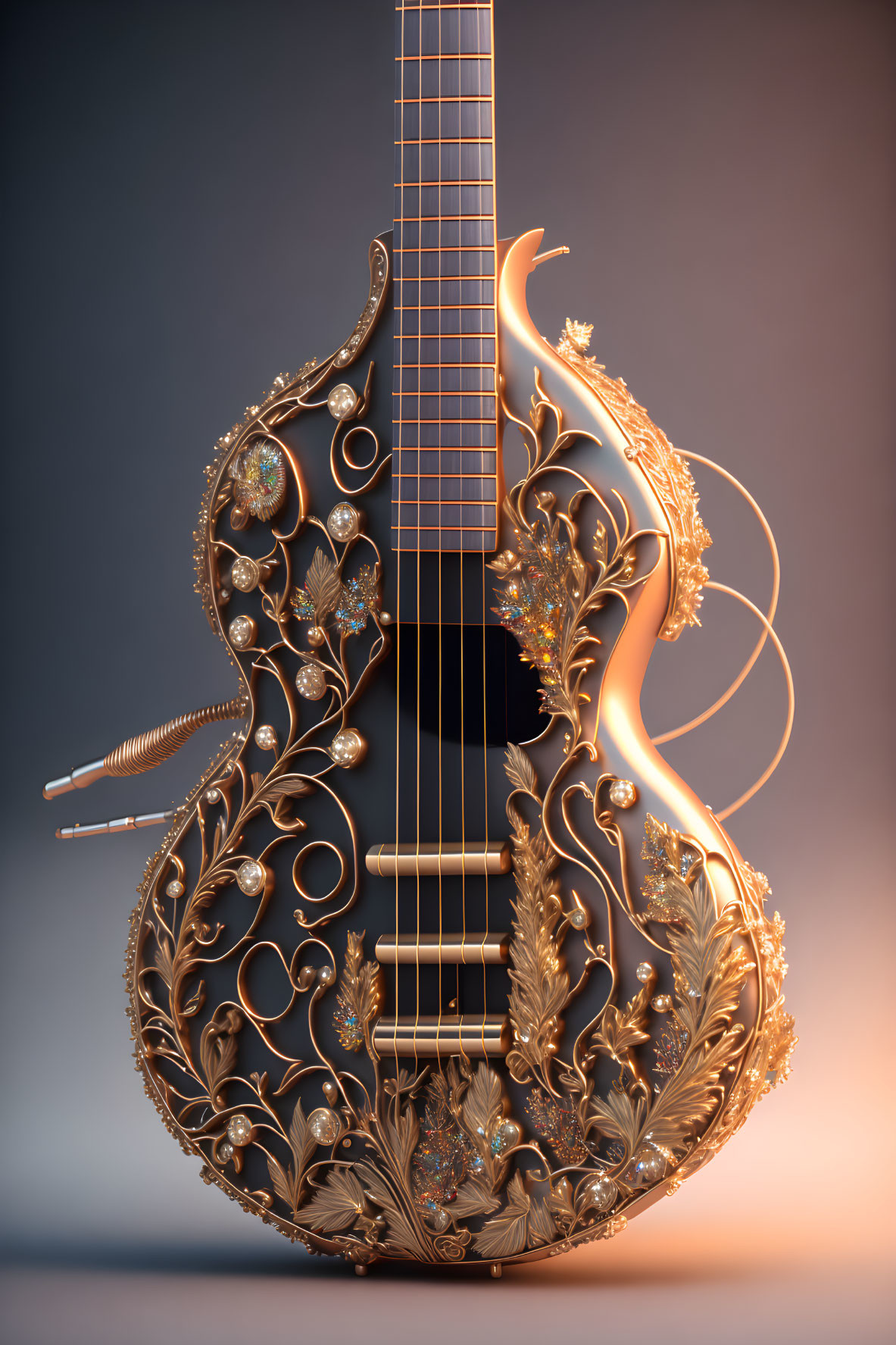 Ornate Carved Guitar with Floral Patterns and Gemstone Embellishments