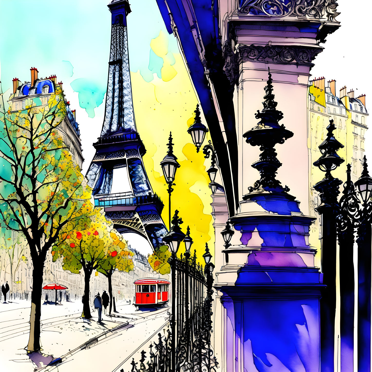 Vibrant Eiffel Tower illustration with Paris street scene, tram, and autumn trees